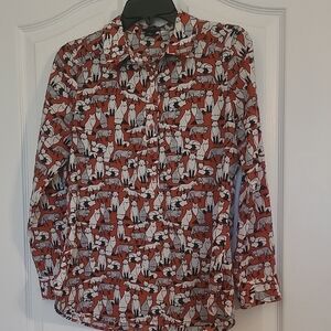 Ann Taylor Red and White Fox Print Blouse